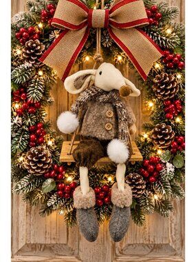 Christmas Mouse on Swing Ornament Hanging Figure Winter Decor 11" Folk Art
